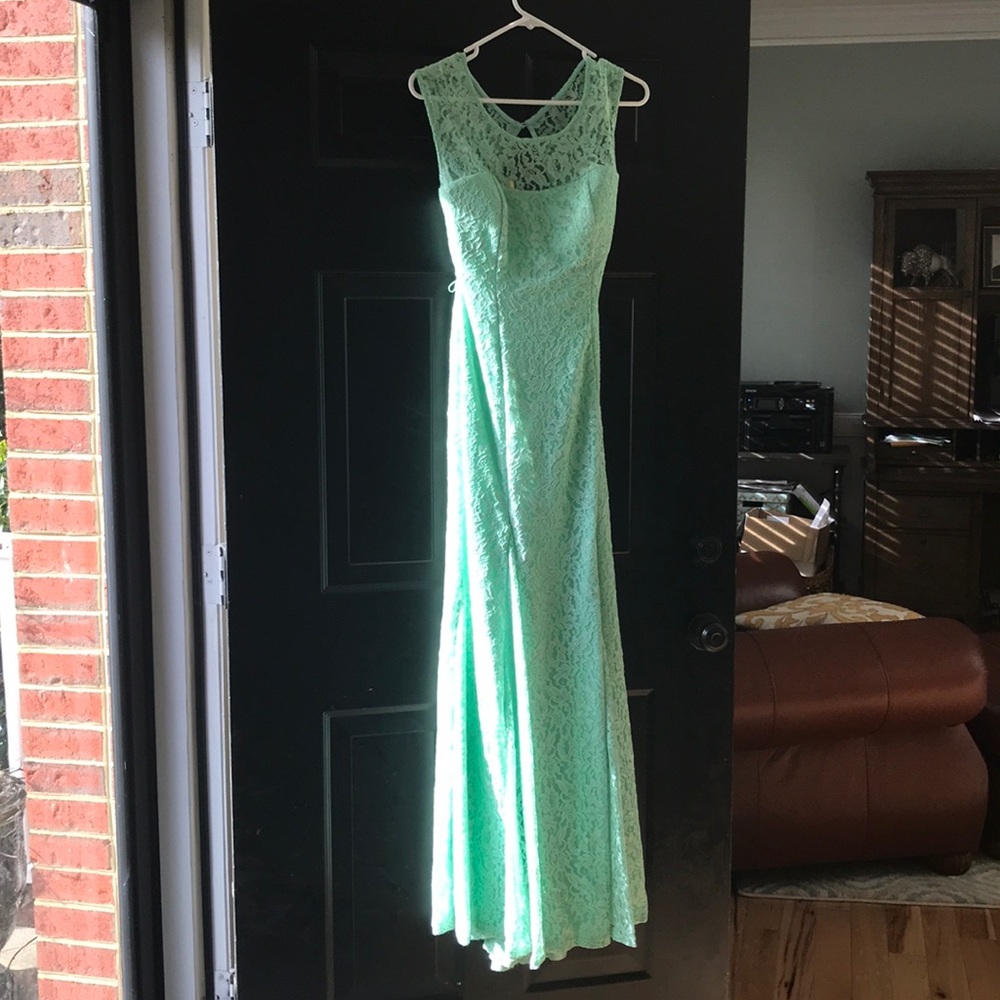 Mint green open back lace prom dress